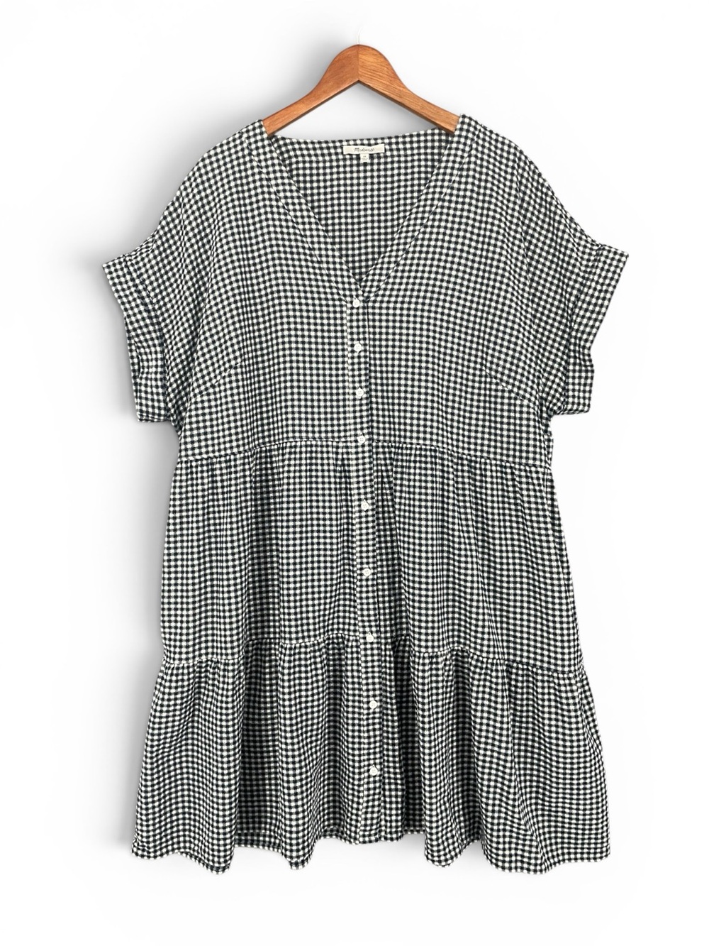 Madewell Cuff‑Sleeve Button‑Front Tiered Mini Dress Black & White Gingham